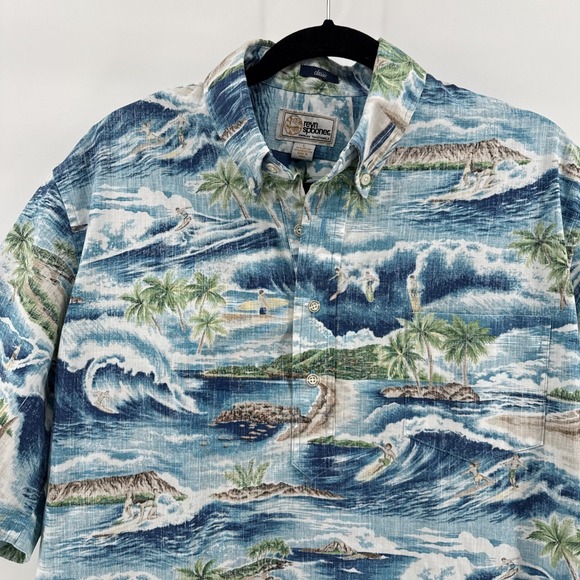 Reyn Spooner Hawaiian Shirt Mens Large Blue Ocean Surfer Print Pullover Pocket - Picture 3 of 10